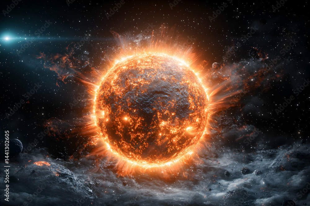 Poster a fiery celestial sphere explodes in a vibrant cosmic display. perfect for sci-fi art space themed p