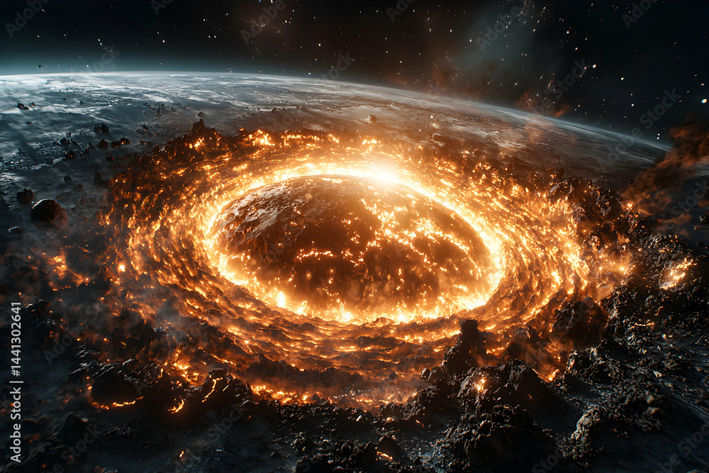 Poster an artistic depiction of a planetary cataclysm. use it to represent devastation cosmic events or end