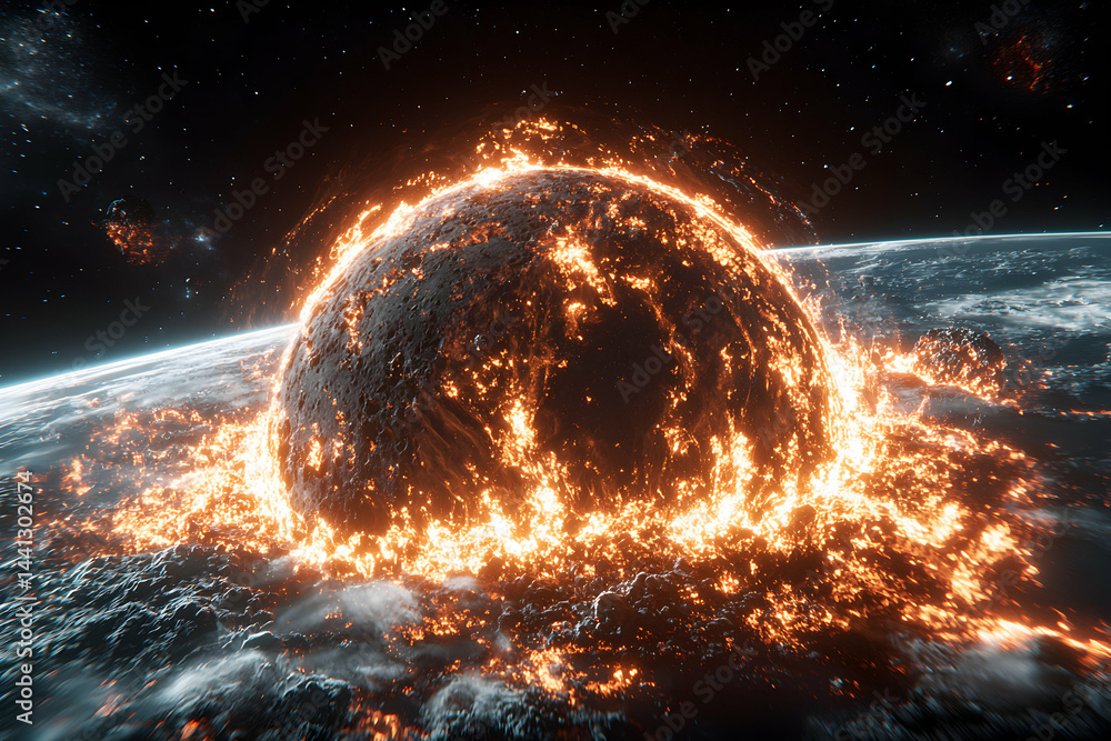 Poster dramatic depiction of a planet exploding in space. great for sci-fi backgrounds game design visual e