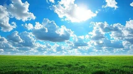 Vivid green grass field under a bright blue sky filled with fluffy white clouds illuminated by the shining sun creating a serene and peaceful atmosphere