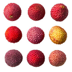 Nine Lychees various shades red and yellow on black background