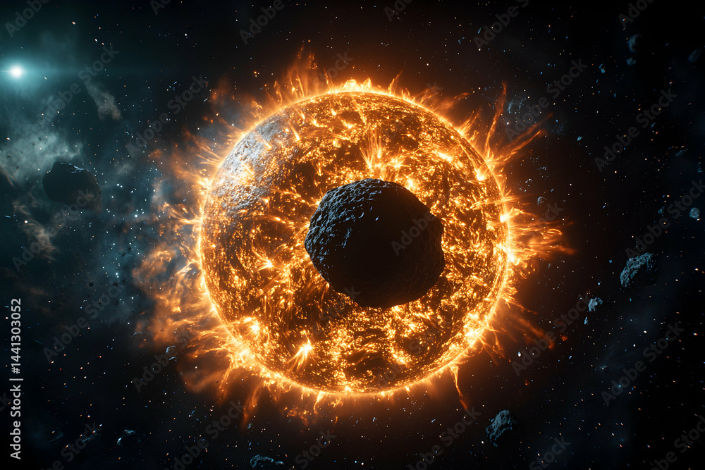 Poster an epic space scene showing a fiery star with an asteroid. use for sci-fi projects space art or educ