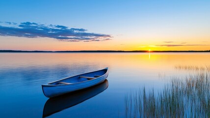 Obraz premium Serene Evening By The Still Water With A Small Boat