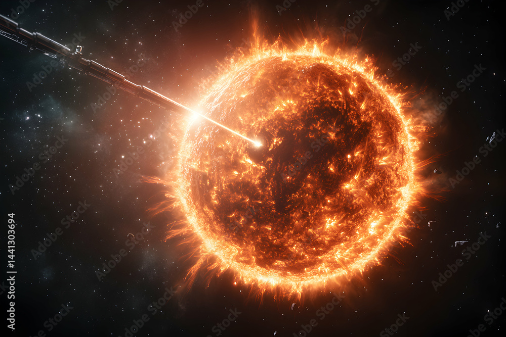 Poster a sci-fi image showing a spacecraft beaming energy into a fiery star. could be used in space explora