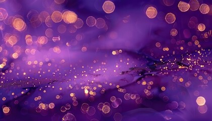 Abstract sparkling golden bokeh lights scattered over a soft purple surface creating a dreamy and magical atmosphere
