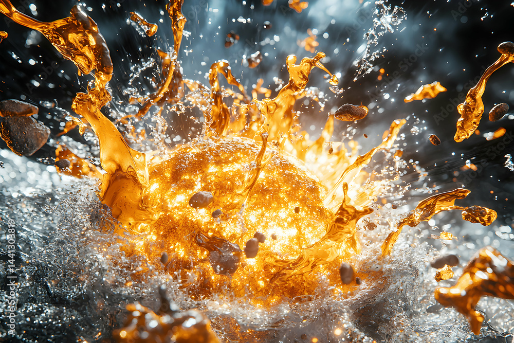 Poster an abstract depiction of a fiery explosion with liquid gold and shimmering particles. suggesting dyn