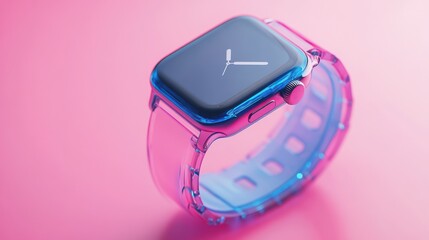 a smart watch with a blue glass band on a pink background