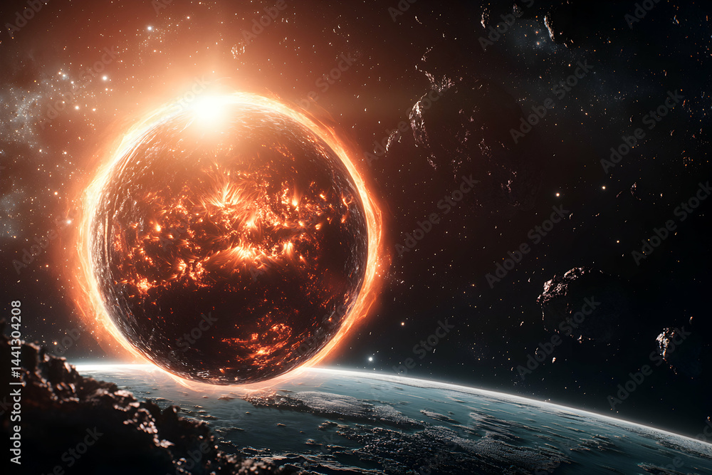 Poster a fiery planet explodes in space amidst asteroids and a distant world. use this image for sci-fi the