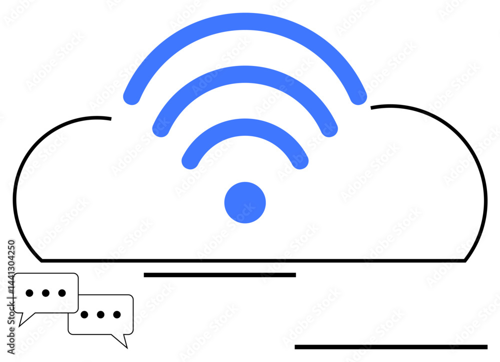 Poster abstract cloud graphic featuring a blue wireless signal and speech bubbles, representing networking,
