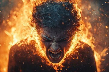 Intense expression of rage and power captured in a moment of fiery transformation amid swirling flames and sparks