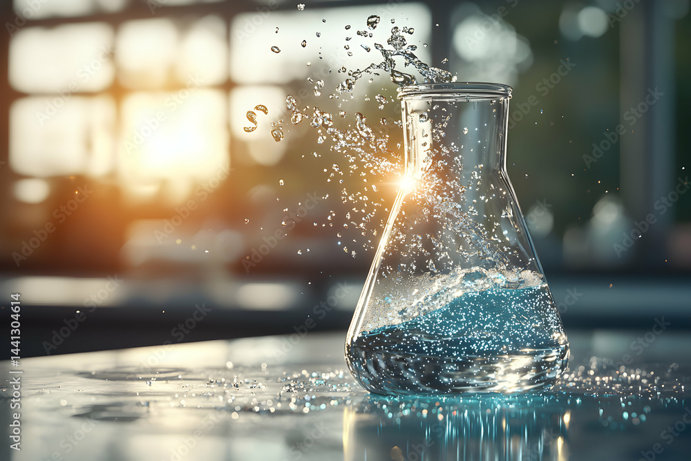 Poster a lab flask filled with water is splashing. the image portrays a scientific and innovative theme. it