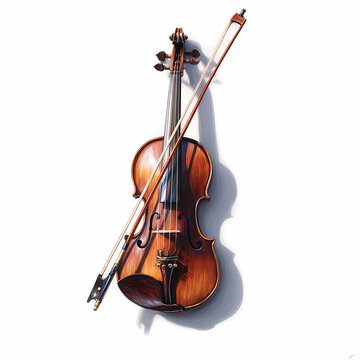 A vintage violin with a bow on a white background, photorealistic, hyperrealistic, ultra-realistic, sharp focus, cinematic lighting, illustration style,