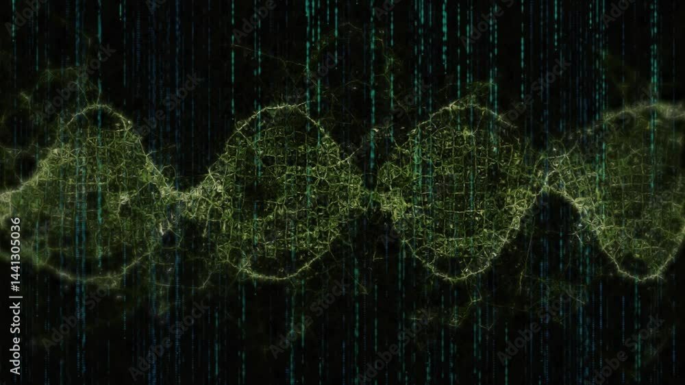 Poster glowing green dna helix undulating in flat design scene, overlaid with vertical code streams