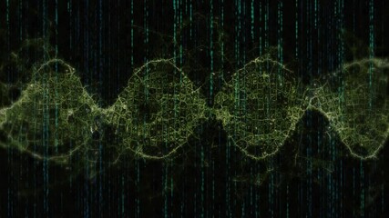 Glowing green DNA helix undulating in flat design scene, overlaid with vertical code streams - Powered by Adobe