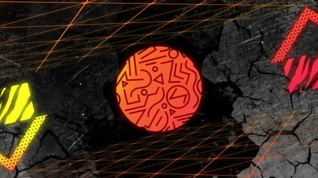 red-orange circle spinning center glowing gridlines animating edges, zebra striped trapezoid moving