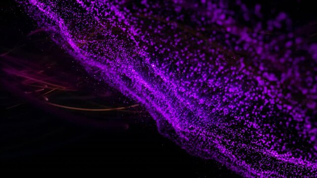 Swirling purple particles forming diagonal wave through black space, weaving subtle orange streaks