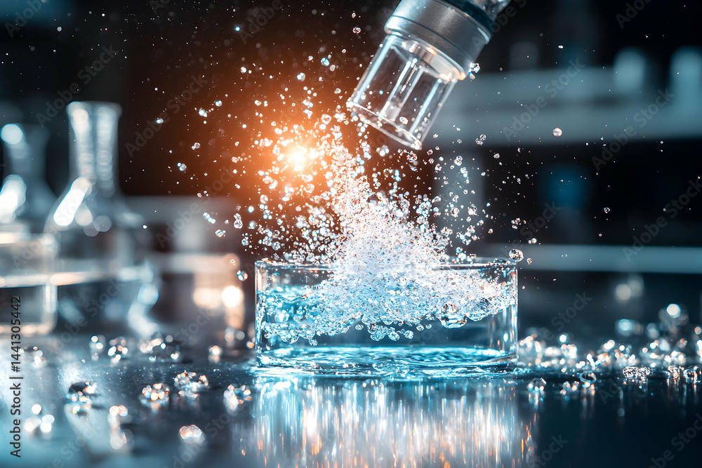 Poster an image depicting water being poured into a glass. it shows a laboratory setting with a bright expl
