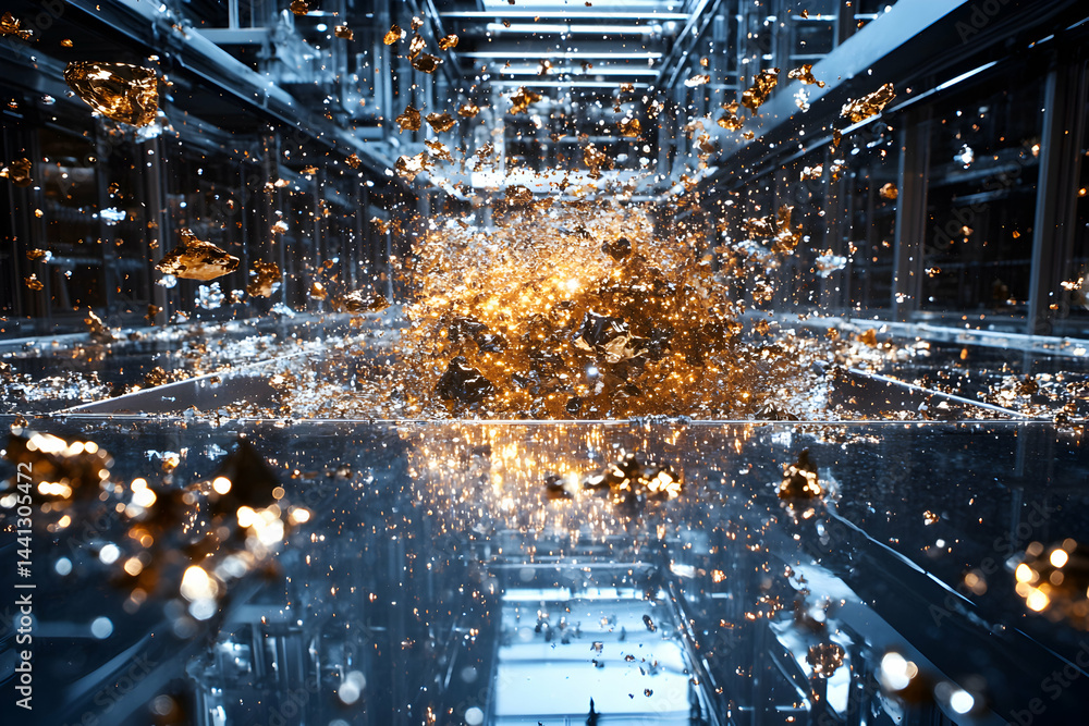 Aufkleber an abstract image capturing a burst of shimmering golden particles inside a futuristic structure cre