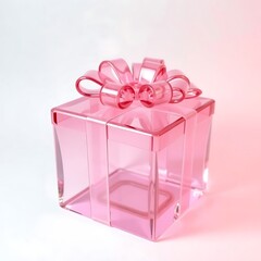 A transparent pink gift box with a matching pink bow on a white to pink gradient background