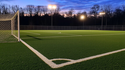 Fototapeta premium Soccer field with green artificial turf, white lines, goal net and floodlights under a twilight sky.