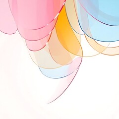 Abstract depiction of overlapping translucent shapes in pink orange and blue tones on white background