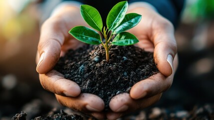 Nurturing New Life: Hands Gently Holding a Young Plant Sprout Emerging from Rich Soil