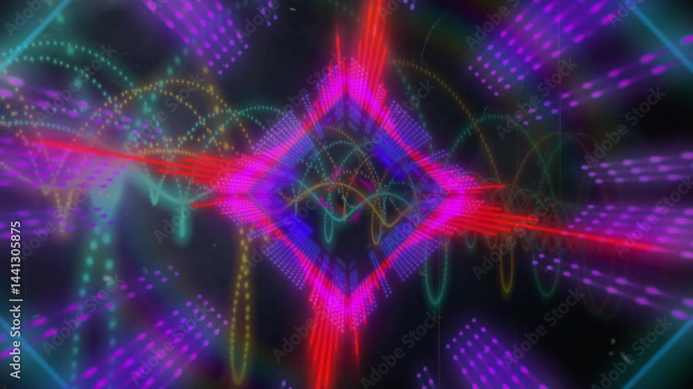Poster neon diamond pattern being animated in digital space, with glowing red bars and dotted blue arrays