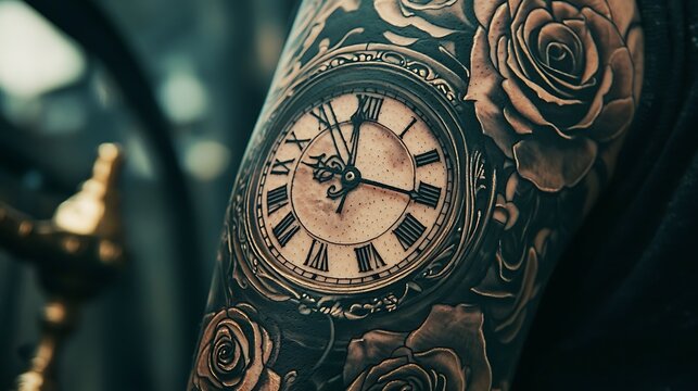 A tattoo of a clock with roman numerals and roses