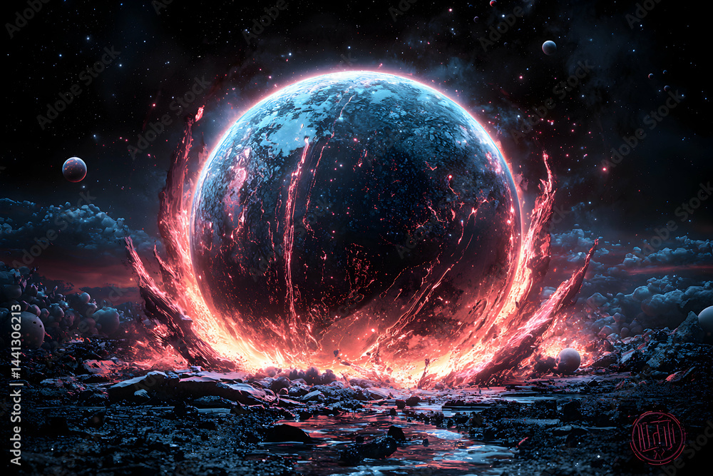 Poster a cosmic scene showcasing a planet exploding with fiery energy. this would be perfect for sci-fi art