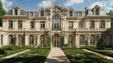 Obraz premium Magnificent French Chateau: Architectural Marvel in a Sun-Drenched Garden