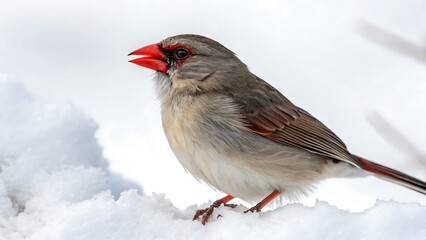 Female northern cardinal perched on snow with a bright red beak in a winter scene outdoors