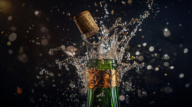 Dramatic close-up of a champagne bottle being opened, with the cork flying out and liquid splashing against a dark background with bokeh lights. - Powered by Adobe
