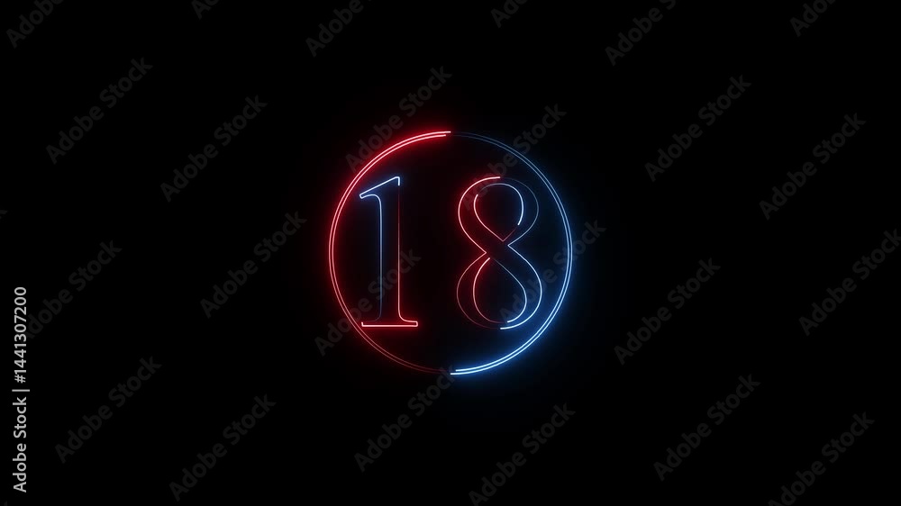 Poster neon text 18 number countdown icon background 4k animation.