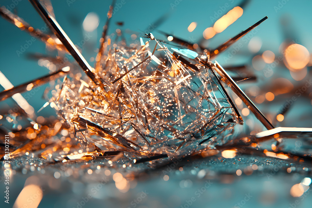Poster abstract art featuring shattered glass and golden strands. perfect for digital design projects. use 