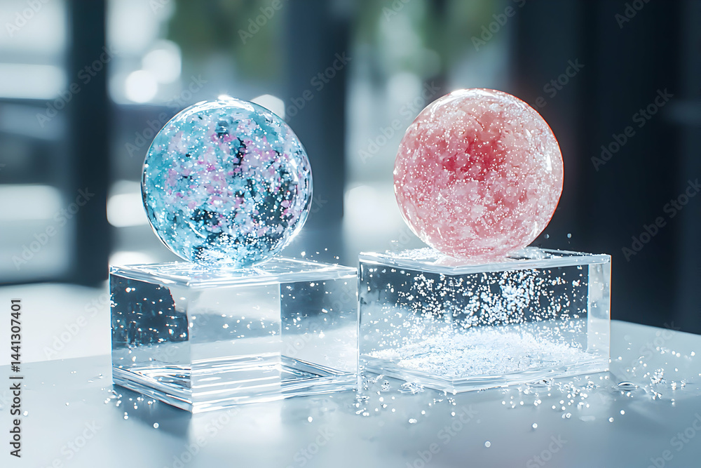 Poster two crystal orbs with internal particles rest on transparent blocks. a magical aesthetic design. gre