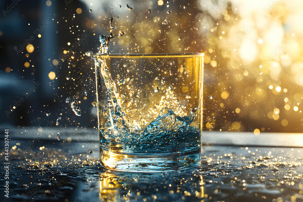 Poster dynamic image captures water splashing in a glass. suggests refreshment or purity perfect for bevera