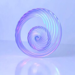 Abstract spiral design featuring two translucent iridescent shapes on a reflective surface