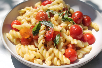 Fresh Italian gemelli pasta salad with halved cherry tomatoes, basil, olive oil drizzle, and Parmesan cheese topping
