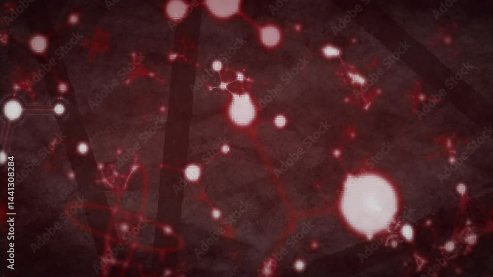 Aufkleber glowing red and white nodes pulsing and linking via thin filaments over grungy dark background