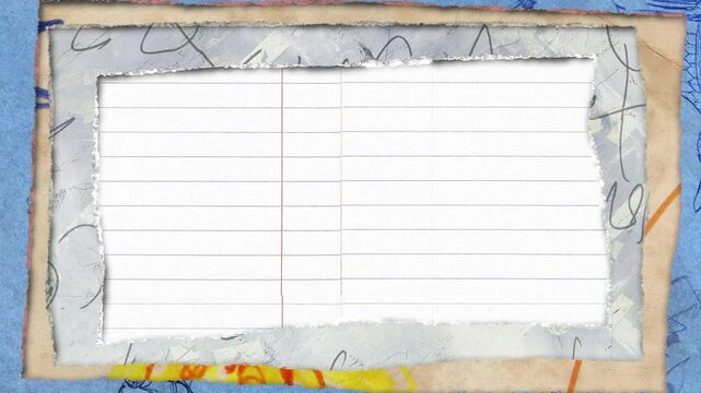 This loopable stop motion animation features stacked layers of a variety of changing paper and fabric textures, forming a rectangular border, with torn edges and hand-drawn doodles. Great background.