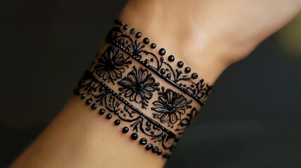 A wrist band with black flowers and black dots