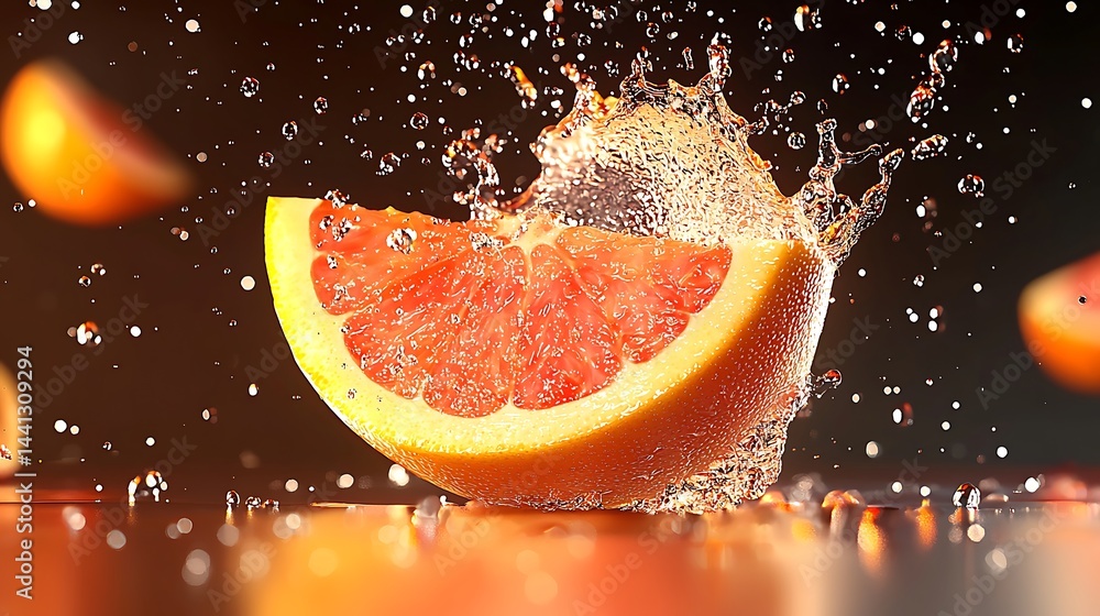 Poster grapefruit slice exploding with water droplets