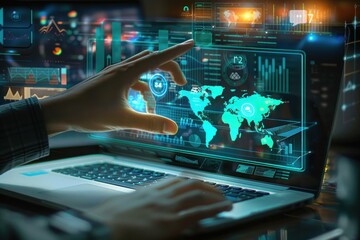 Person interacting with a transparent digital interface displaying global maps, charts, and data visualizations over a laptop keyboard in a futuristic technology environment
