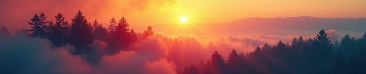 Fototapeta premium Misty dawn, smoke-filled pines cast long shadows , woods, trees