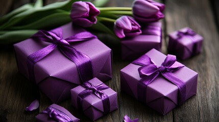 Obraz premium Elegant Purple Gift Boxes with Tulips Beautiful Spring Holiday Present Arrangement Romantic Surprise Luxury Purple Ribbon Decorations Festive Occasion