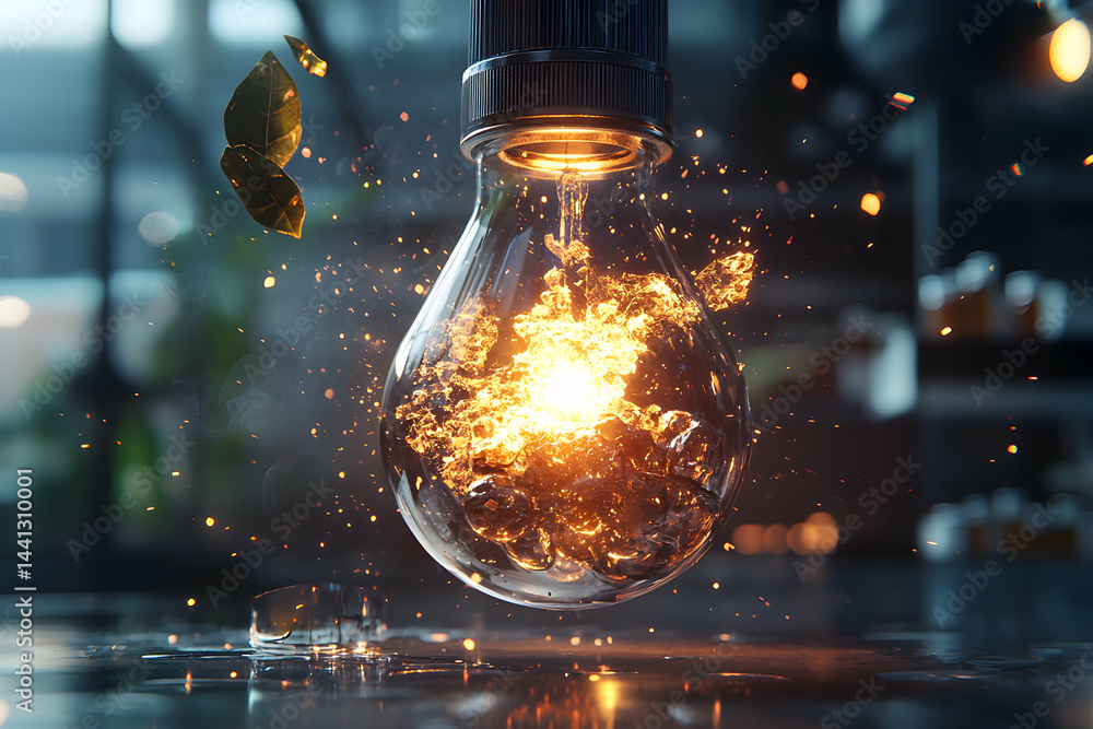 Poster a creative depiction of energy. the light bulb filled with fire and sparks embodies innovation. use 