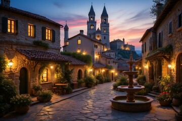 Naklejka premium Old Town and Ancient Stone Buildings at Evening.