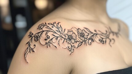 A woman has a tattoo of flowers on her shoulder