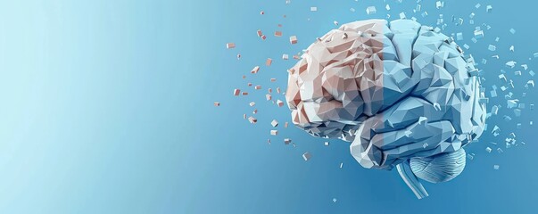 low poly 3d model of a brain fragmented into small cubes with one half in warm beige and the other half in cool blue tones on a gradient blue background conveying contrast and complexity
