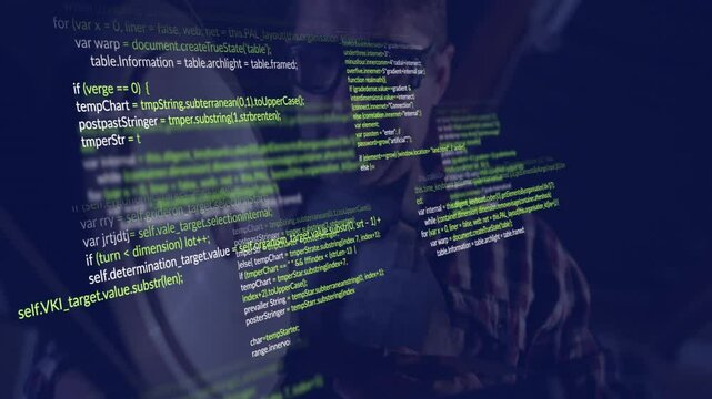 Male programmer typing on keyboard in dimly lit workspace, with floating JavaScript code snippets